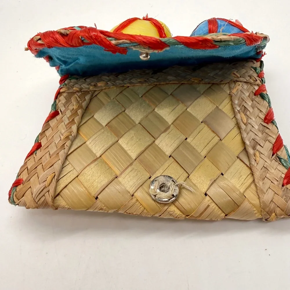 VTG Handwoven‎ Straw Raffia Shell Coin Purse Women Small Tan Multicolor Retro